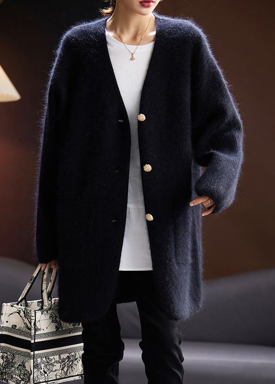 Black Button Pockets Cotton Knit Cardigan Long Sleeve