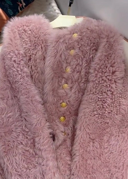 French Pink O-neck Button Faux Fur Coats Spring
