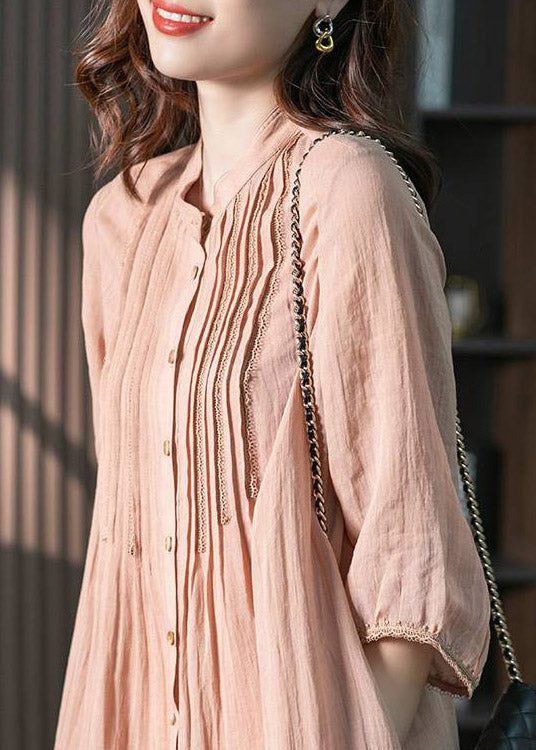 Pink Stand Collar Button Wrinkled Linen Dress Half Sleeve