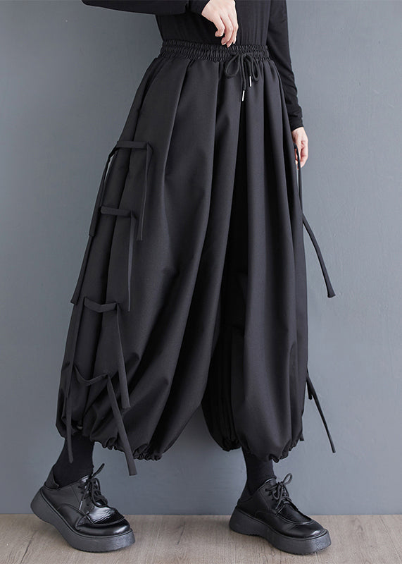 Black Tasseled Oversized Cotton Harem Pants Spring