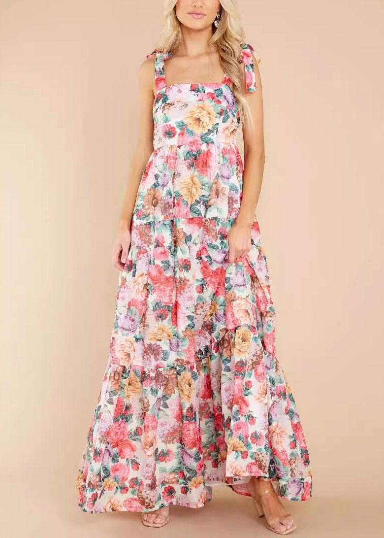 Pink Print Wrinkled Lace Up Patchwork Cotton Dress Summer