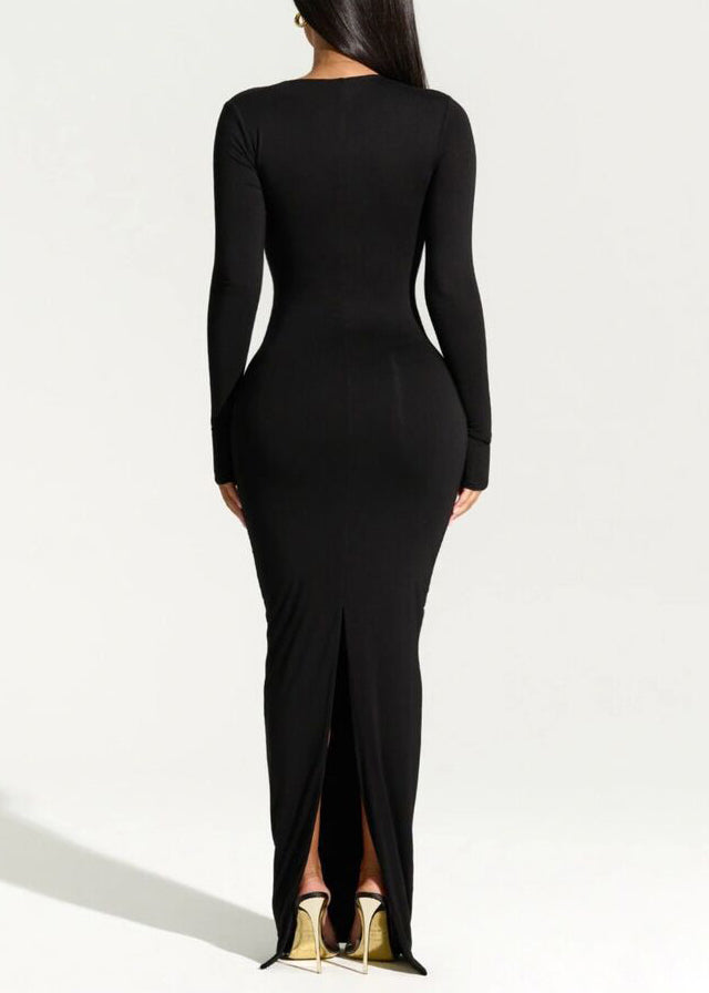 Italian Black Slash Neck Slim Fit Cotton Long Dress Spring