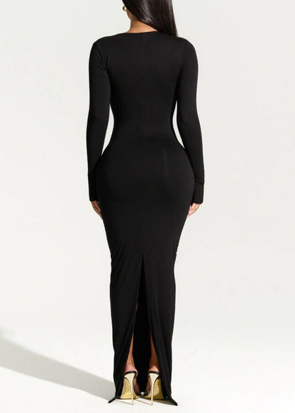 Italian Black Slash Neck Slim Fit Cotton Long Dress Spring