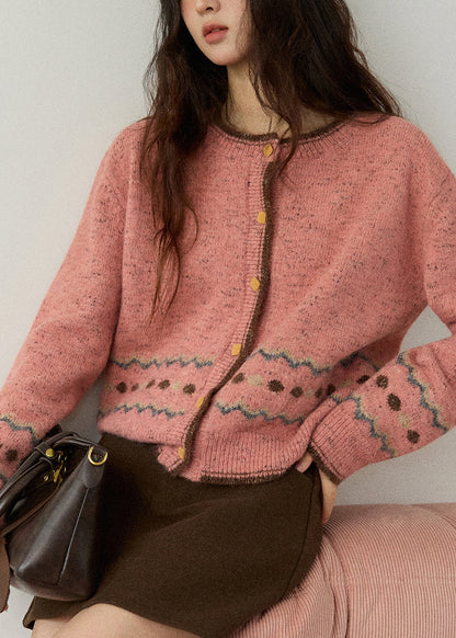 Pink O-neck Print Button Cotton Knit Cardigans Fall
