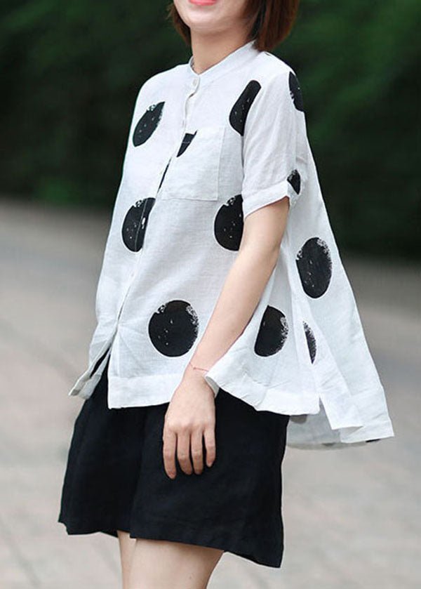 Diy White Stand Collar Dot Print Patchwork Linen Blouses Summer