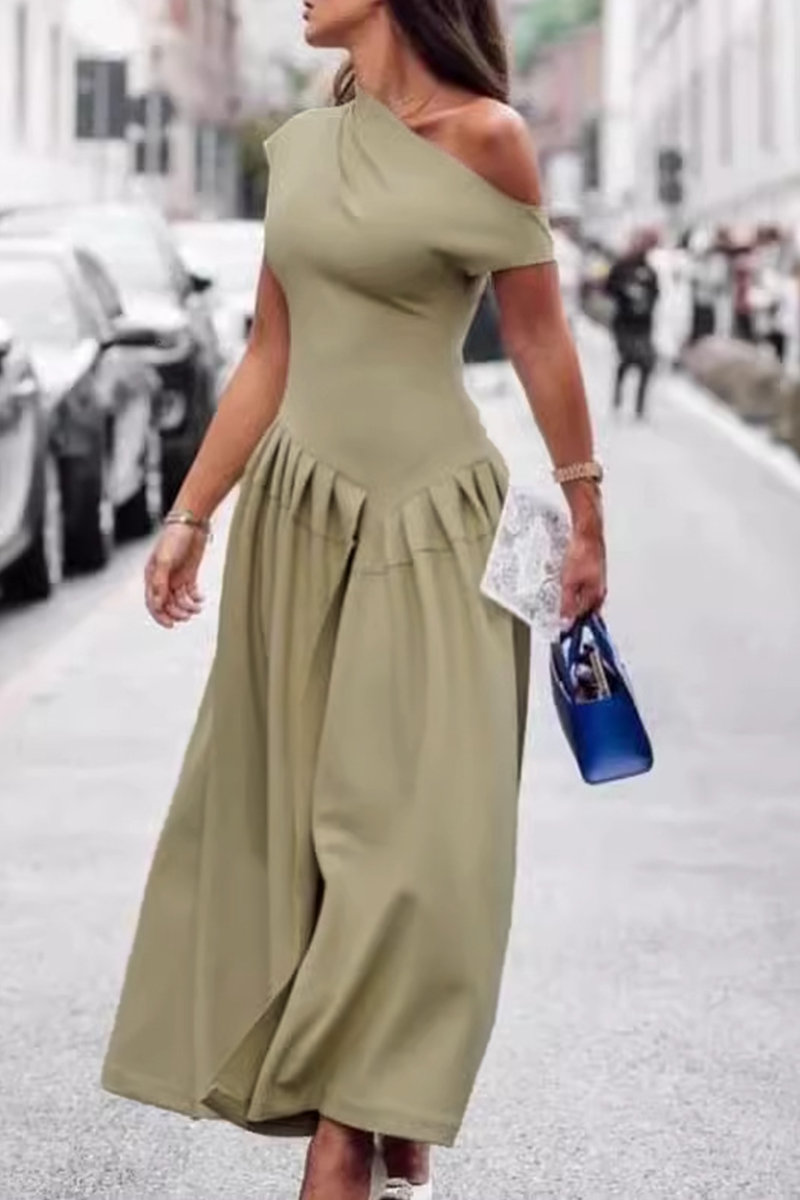 Street Color Ruched Irregular Oblique Collar Sleeveless Dresses(3 Colors)