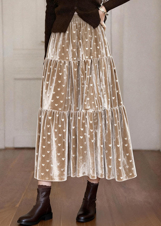 Khaki Love Print Patchwork Silk Velvet Skirts Spring