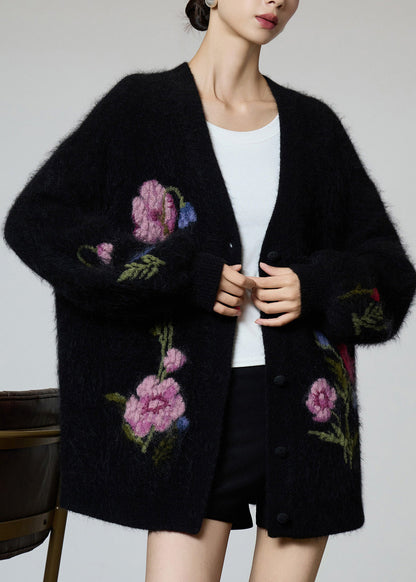 Black V Neck Embroidered Knit Coat Fall