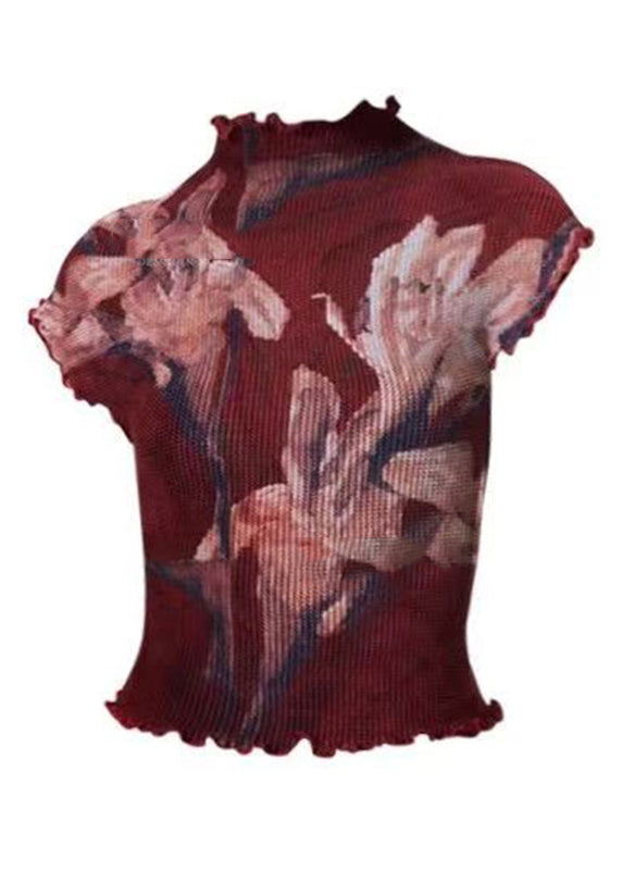 Red Turtleneck Ruffled Print T Shirt Short Sleeve