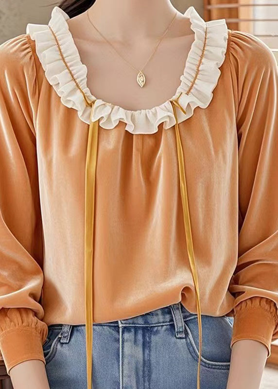 Orange Ruffled Patchwork Velour Shirt Top Fall
