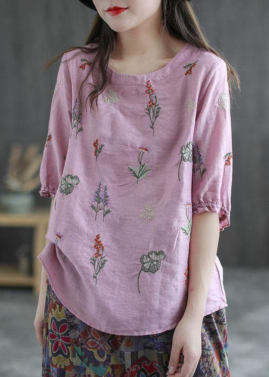 Pink Embroidered O-neck Half Sleeve Ramie Blouses Summer