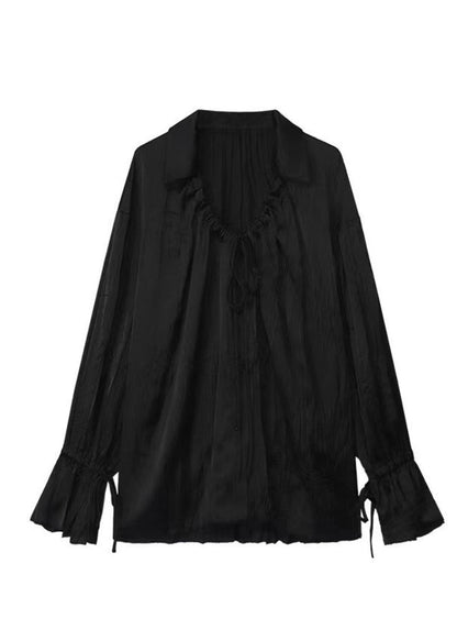 Simple Black Peter Pan Collar Cinched Button Upf 50+ Shirt Long Sleeve