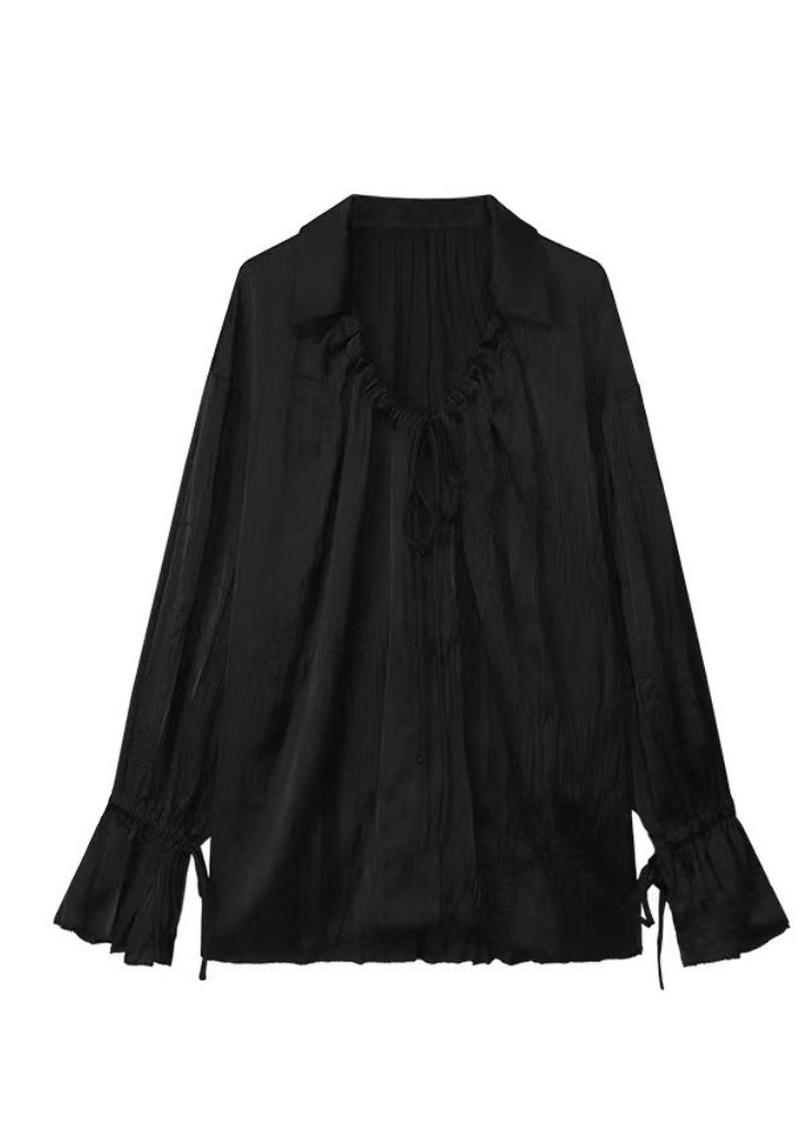 Simple Black Peter Pan Collar Cinched Button Upf 50+ Shirt Long Sleeve