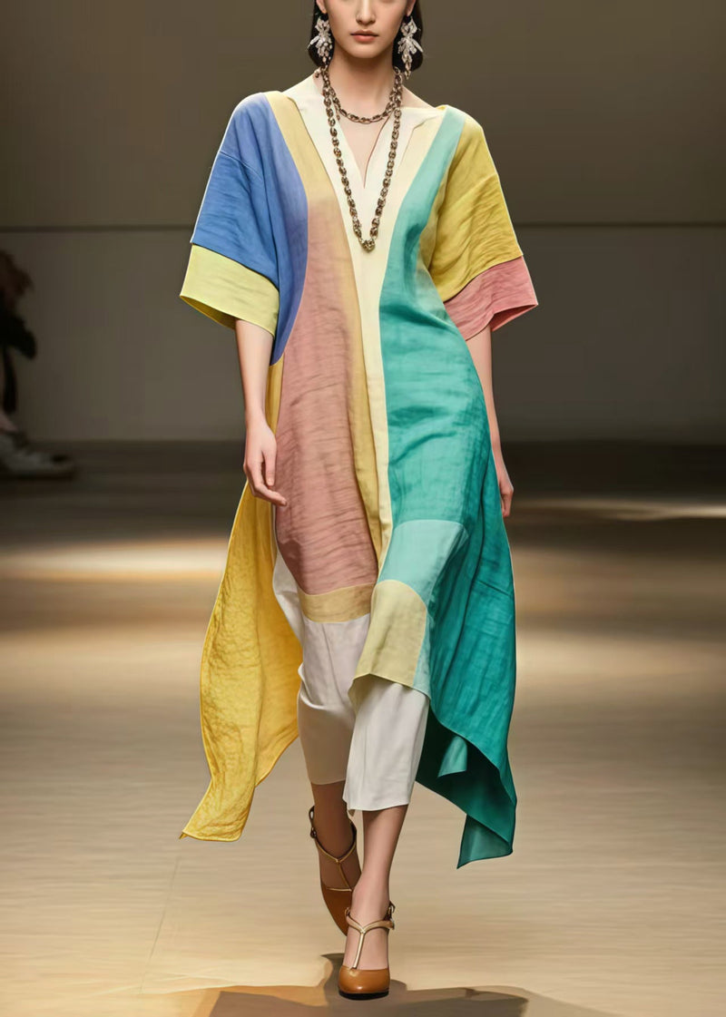Fitted Polychrome Asymmetrical Patchwork Cotton a Line Dresses Summer