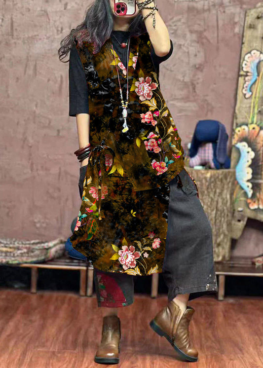 Yellow Asymmetrical Print Patchwork Cotton Waistcoat Sleeveless