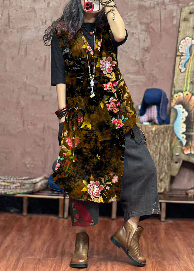 Yellow Asymmetrical Print Patchwork Cotton Waistcoat Sleeveless