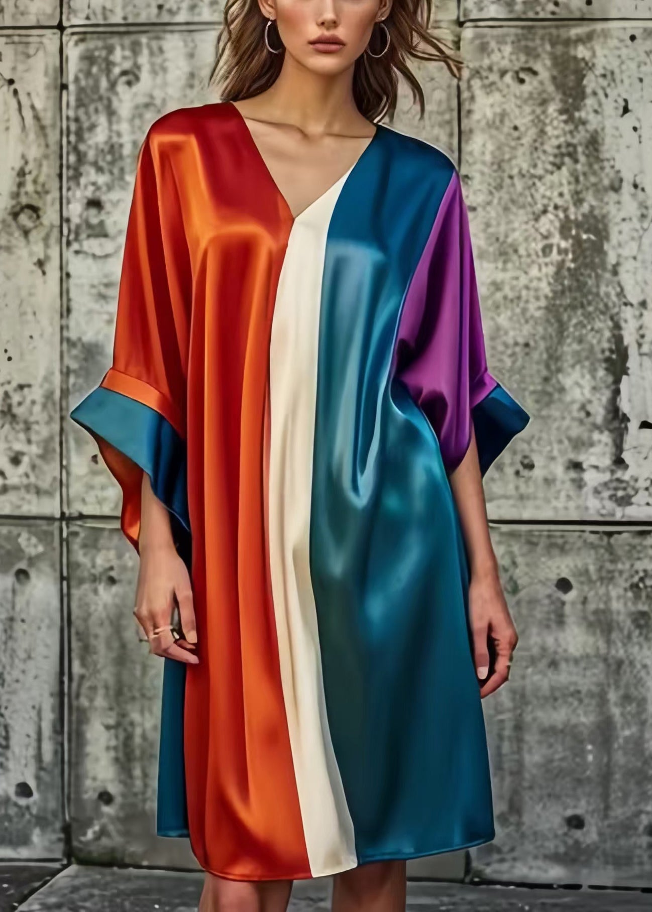 Colorblock Asymmetrical Patchwork Silk Day Dress Summer