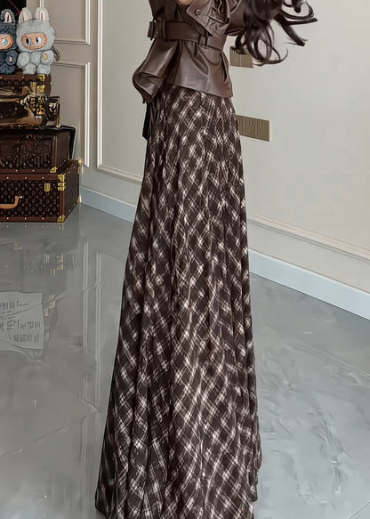 Brown Plaid Exra Large Hem Cotton Skirts Winter