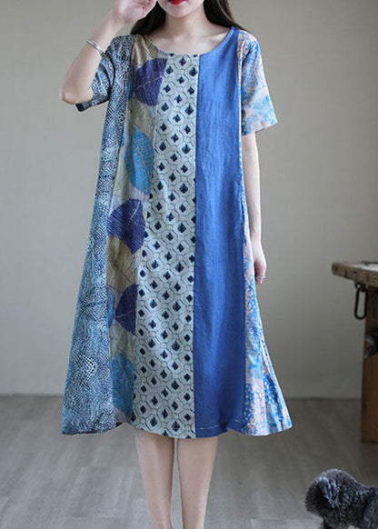 Simple Blue O-neck Print Short Sleeve a Line Fall Dress