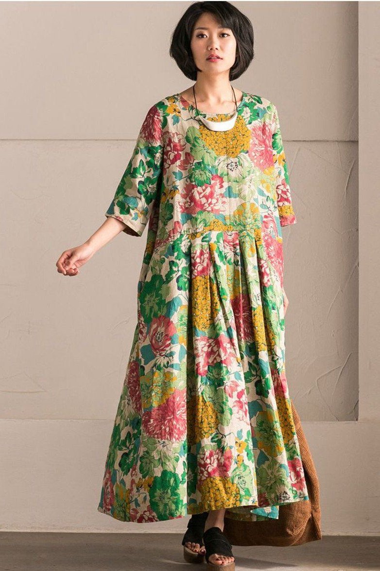 Retro Cotton Linen Flower Long Dress Summer Outfits