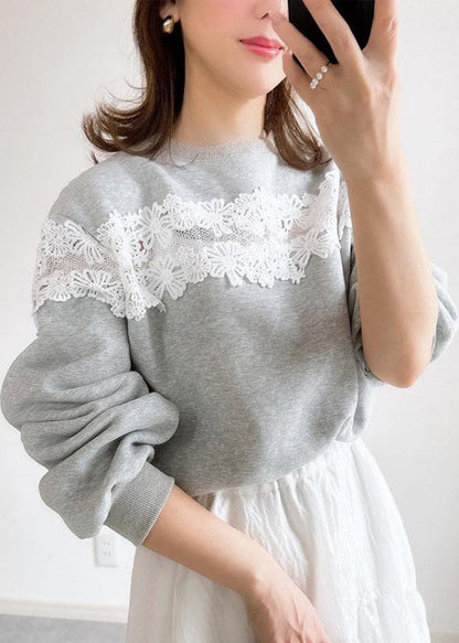 Grey O Neck Lace Patchwork Cotton Sweatshirts Fall