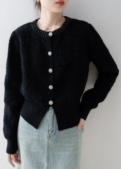 Black O Neck Button Knit Cardigans Spring