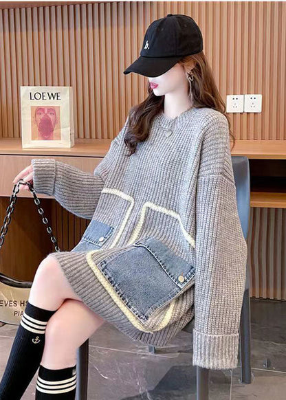 French Grey O-neck Oversized Lazy Patchwork Pockets Knit Sweater Tops Winter