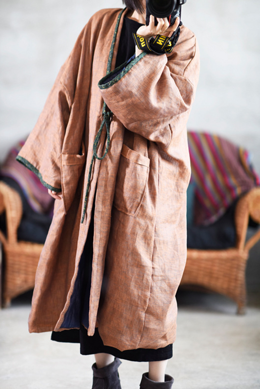 -retro Coffee Large Pocket Cardigan Cotton Linen Trench Coat