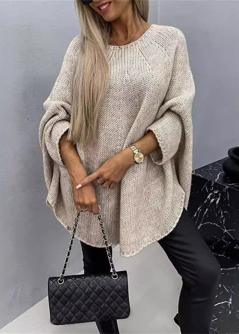 Khaki O Neck Knit Sweater Batwing Sleeve