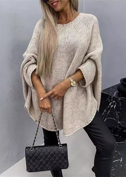 Khaki O Neck Knit Sweater Batwing Sleeve