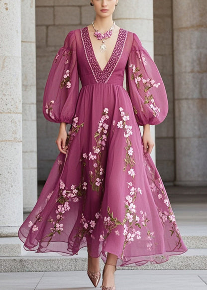 Purple Print Chiffon Party Dress Lantern Sleeve