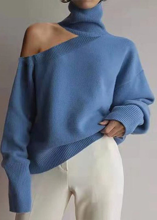 Khaki Hign Neck Cold Shoulder Knit Sweater Fall