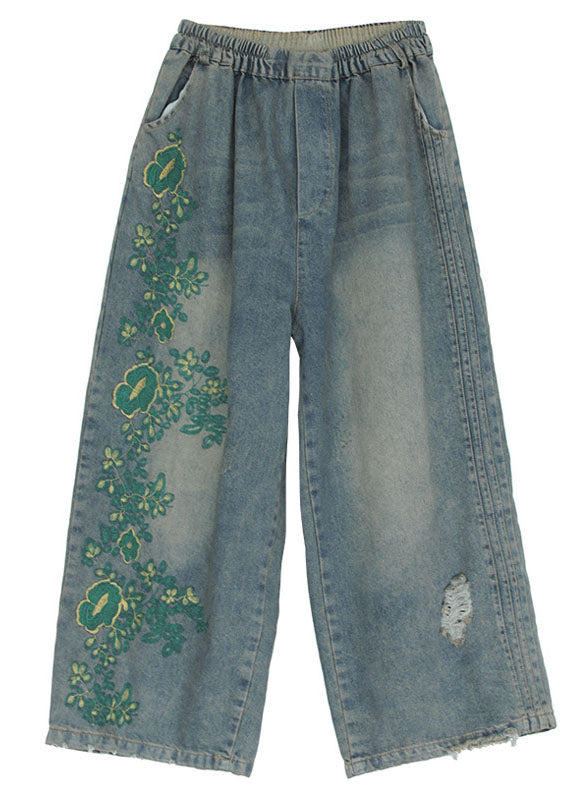 Blue Embroidered Cotton Ripped Jeans Pants Fall