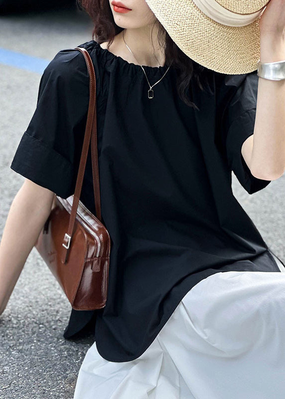 Black Side Open Cotton Tops O Neck Short Sleeve