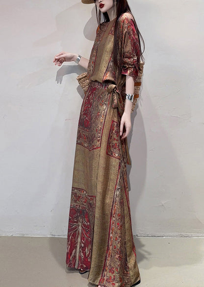 Coffee Cinched Print Linen Holiday Dress Summer