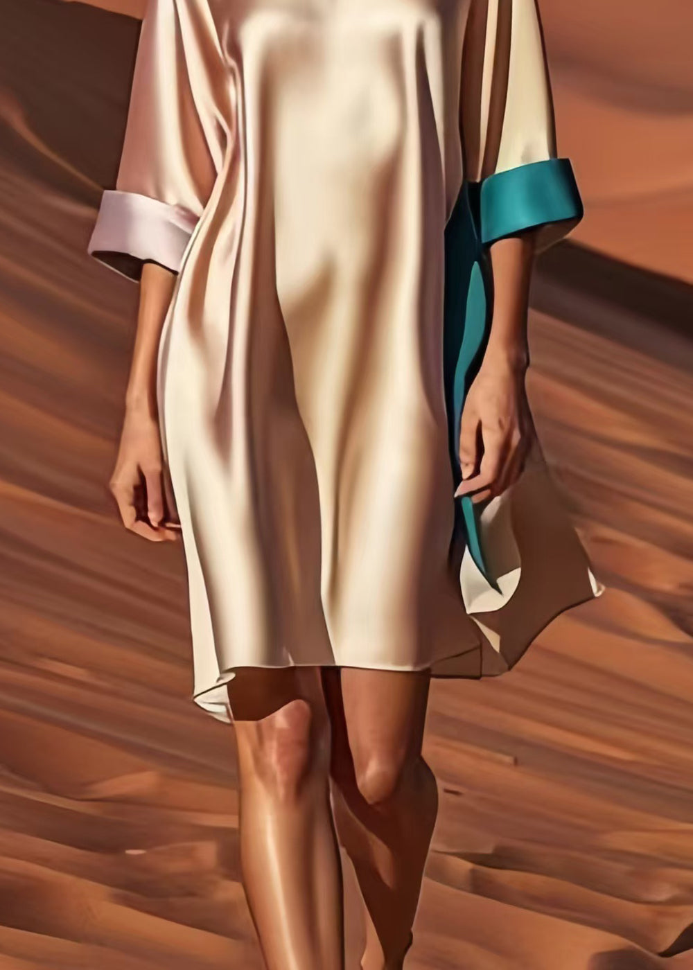 Champagne Patchwork Draping Silk Tea Dress Summer