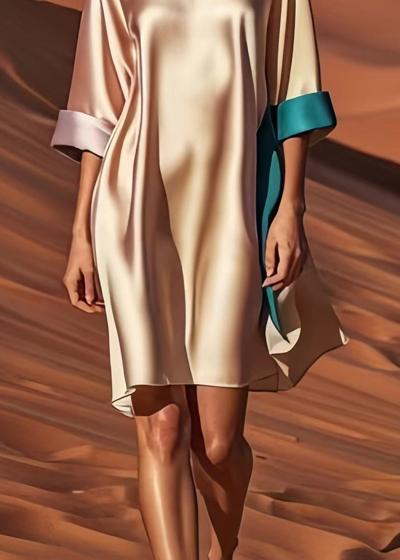 Champagne Patchwork Draping Silk Tea Dress Summer