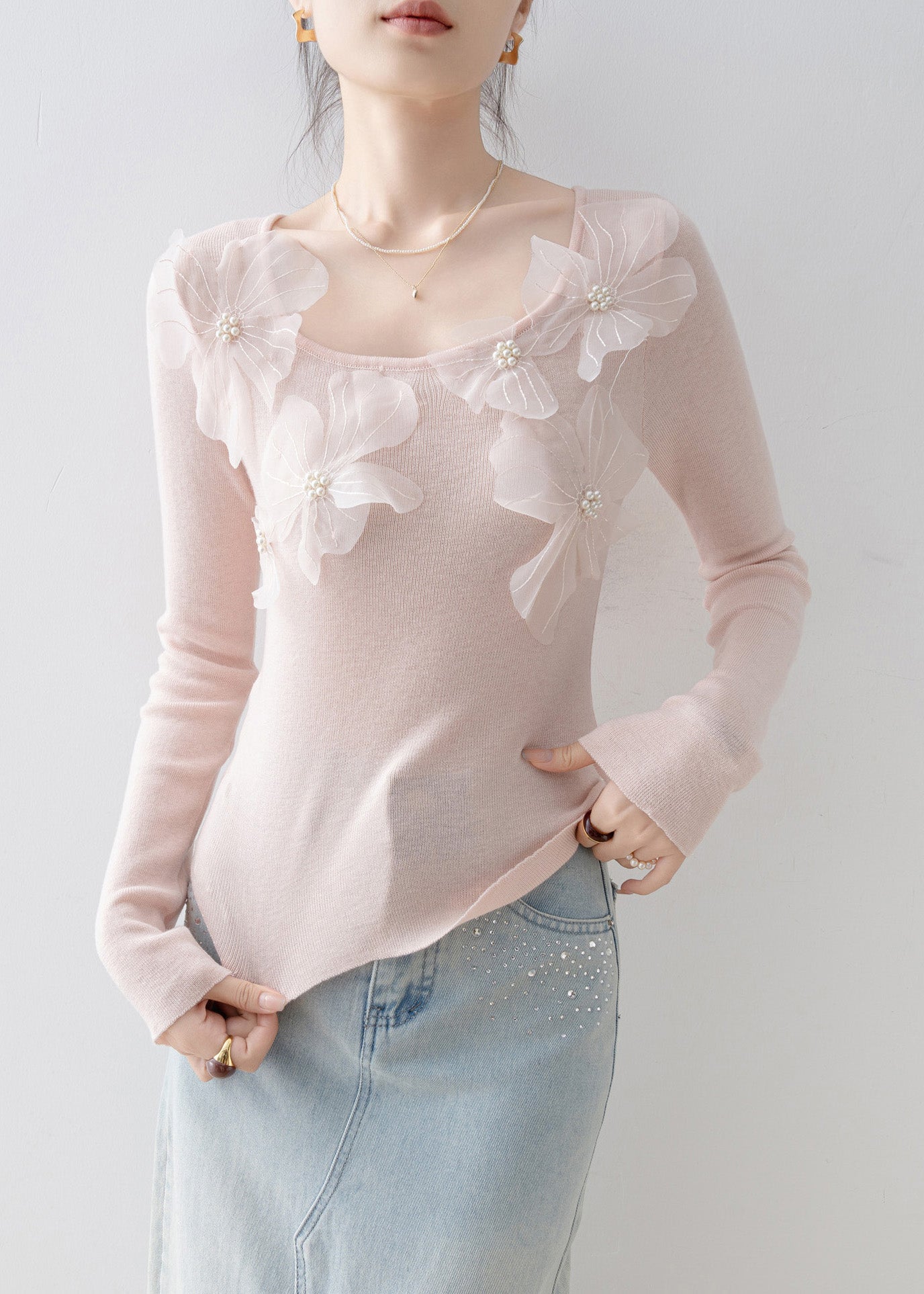 Slim Fit Pink O Neck Nail Bead Knit Top Spring