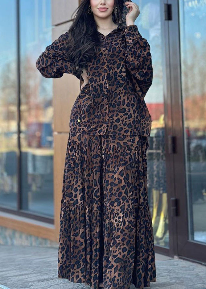 Leopard Hooded Shirts and Skirts Cotton Two Piece Set Spring