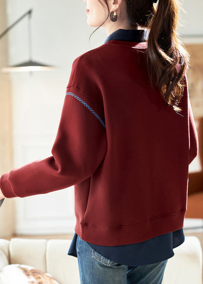 Red O-neck Embroidered Cotton Sweatshirt Spring