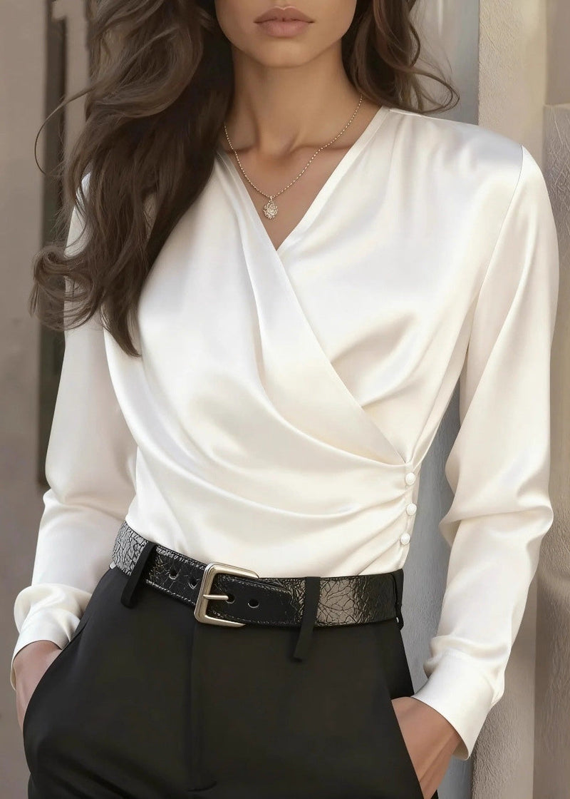 Organic White V Neck Patchwork Silk Shirt Tops Spring