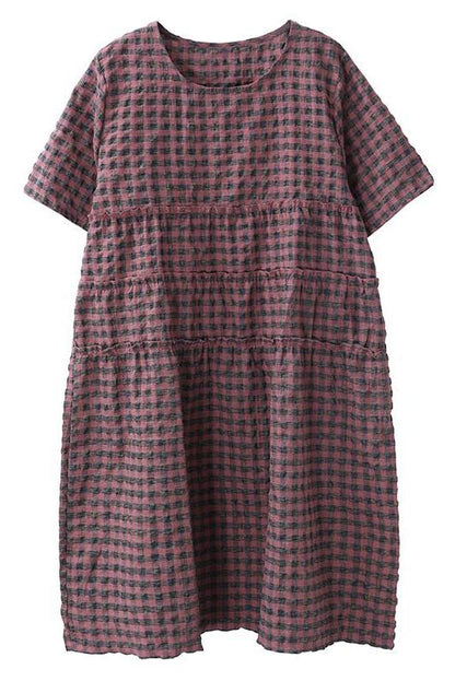 Limited Stock- Summer Plaid Round Neck Cotton Linen Midi Dress