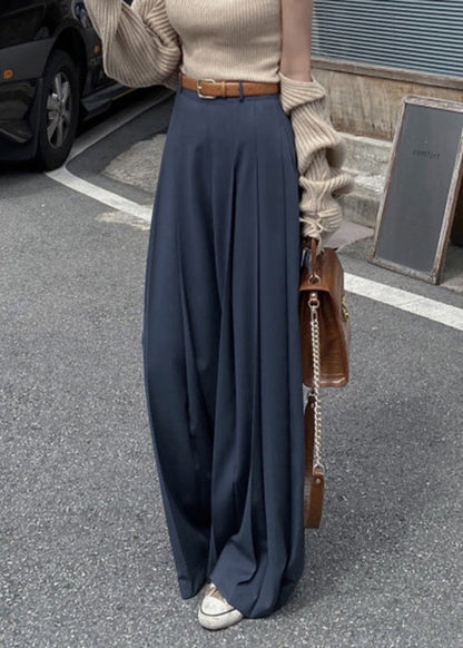 Navy Wrinkled Spandex Wide Leg Pants High Waist