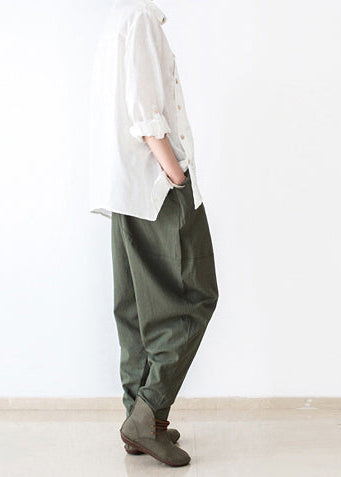 Autumn Tea Green Linen Pants Oversized Cotton Harem Pants Trousers