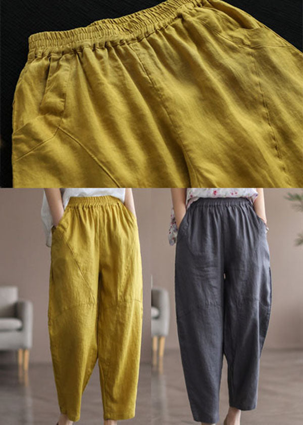 Grey Patchwork Linen Pants High Waist Summer