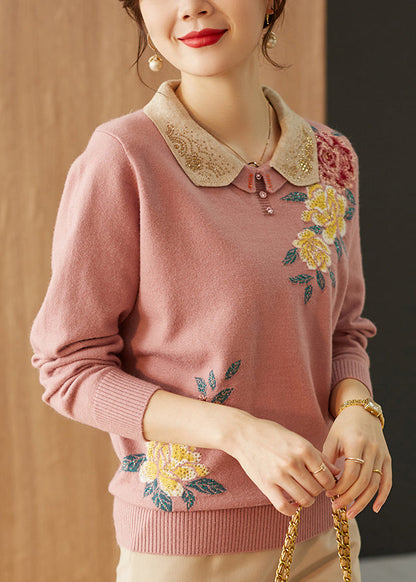 Boutique Pink Peter Pan Collar Zircon Knit Sweaters Spring