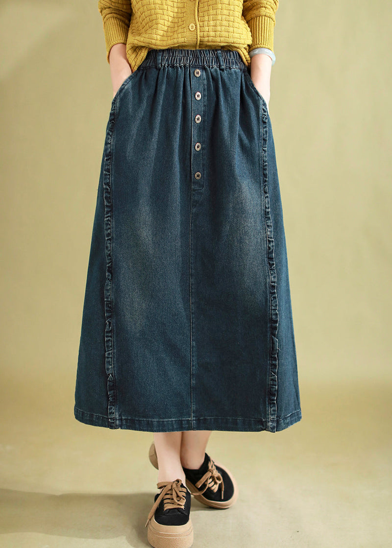 Blue Ruffled Button Denim a Line Skirt Spring