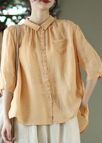 Orange Peter Pan Collar Pockets Linen Shirt Tops Half Sleeve