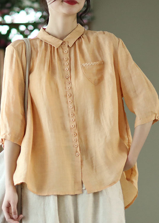 Orange Peter Pan Collar Pockets Linen Shirt Tops Half Sleeve