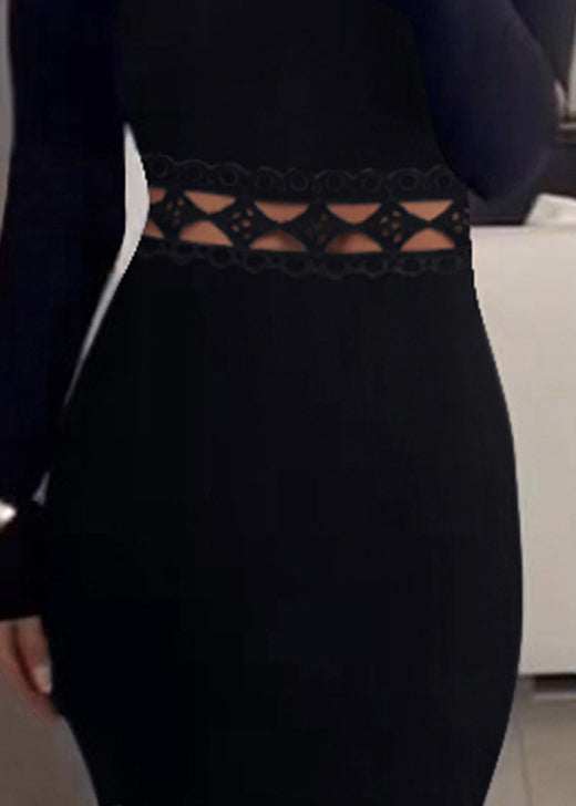Slim Fit Black Slash Neck Hollow Out Cotton Dress Long Sleeve